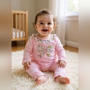 Sassy Kids Pink Floral Bow Applique Romper Sz 6-12M